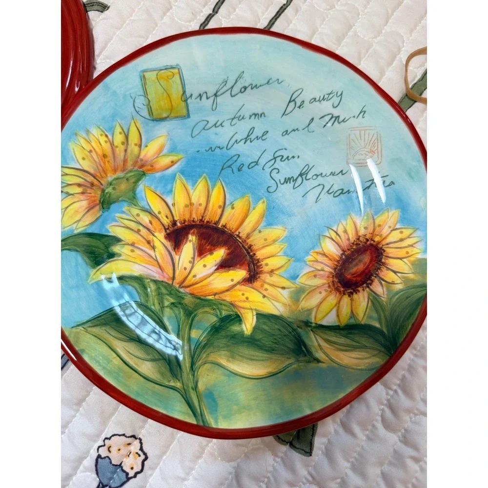 Certified International Salad Plates Set of 4 Sunflower Blue Yellow Ceramic 8.5i
